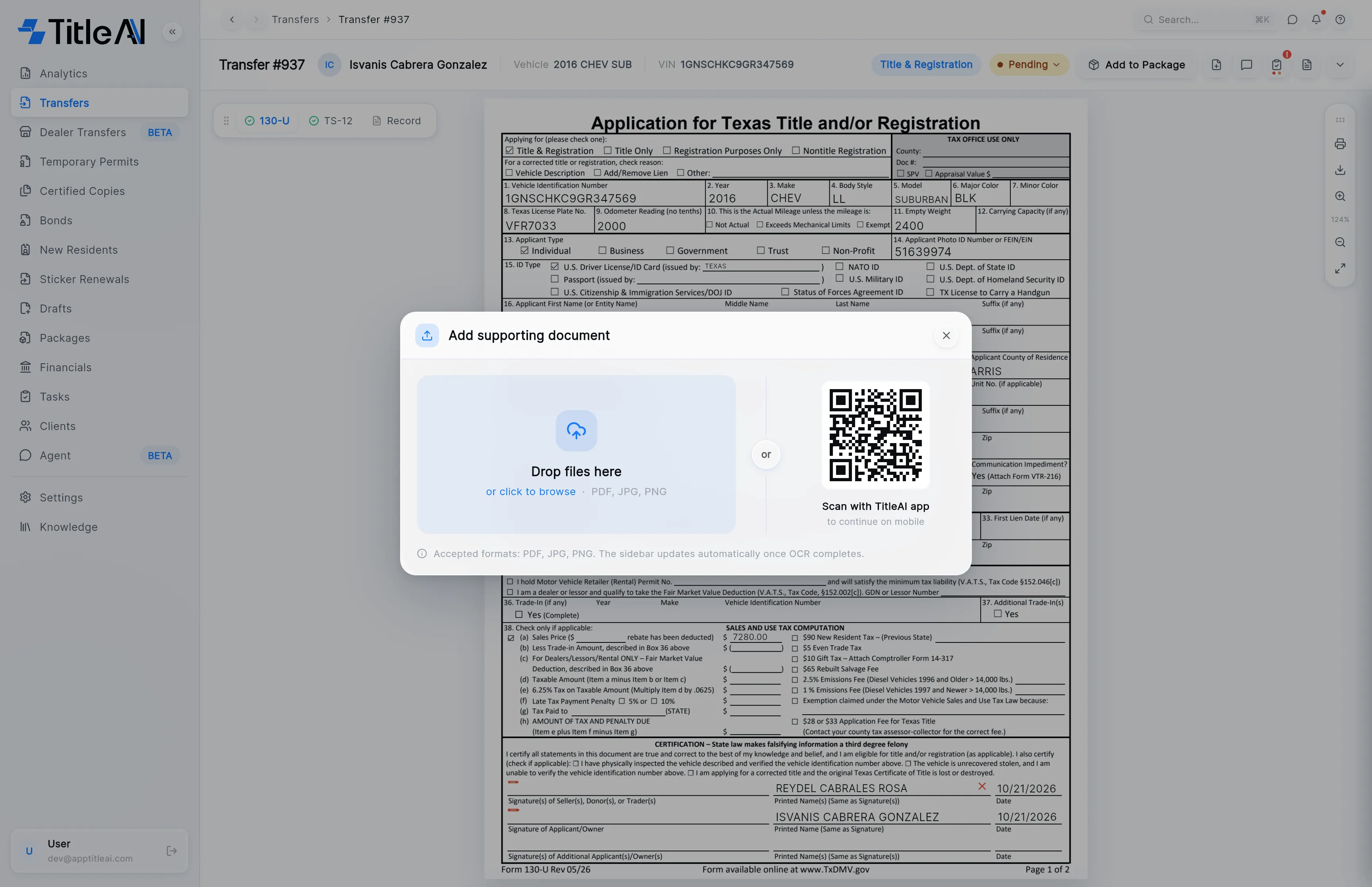 The Add supporting document window: the Drop files here box on the left and the Scan with TitleAI app QR code on the right.