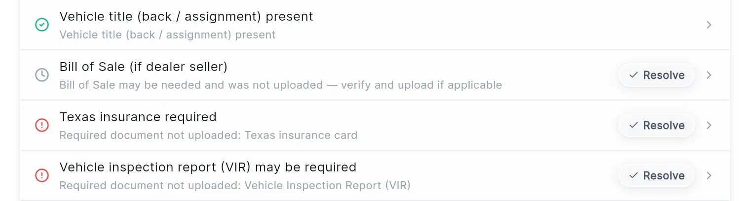 Four rows of a transfer's checklist: one passed, one waiting for review and two missing (red), each of the last three with a Resolve button and a chevron.