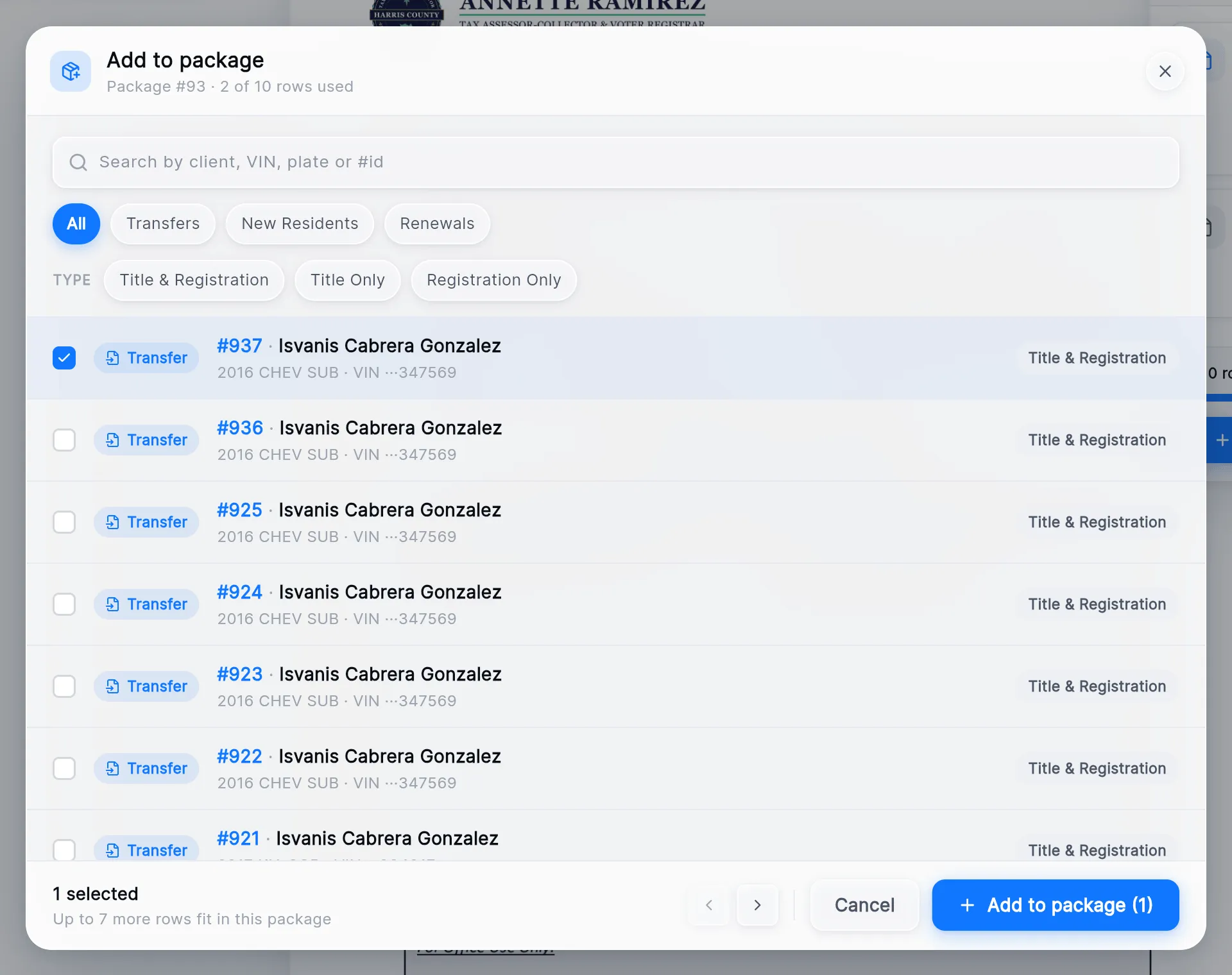 The Add to package window: the search box, the All, Transfers, New Residents and Renewals chips, the TYPE chips, and the list with one transfer ticked.