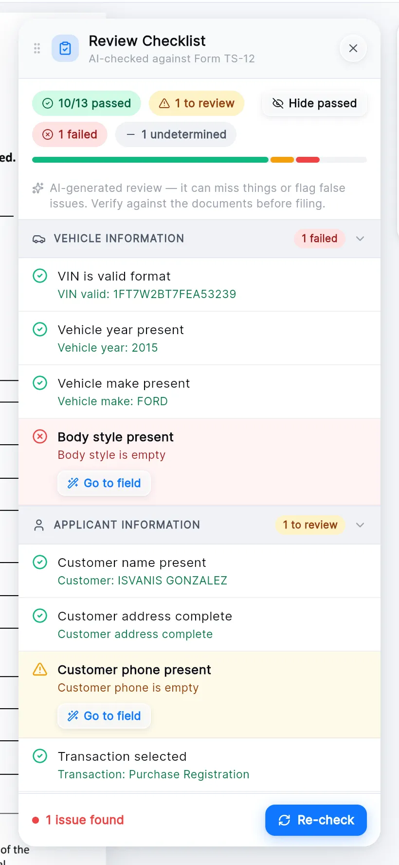 The Review Checklist: 10 of 13 passed, 1 to review, 1 failed, with the vehicle information checks showing an empty body style and the applicant checks showing an empty phone.