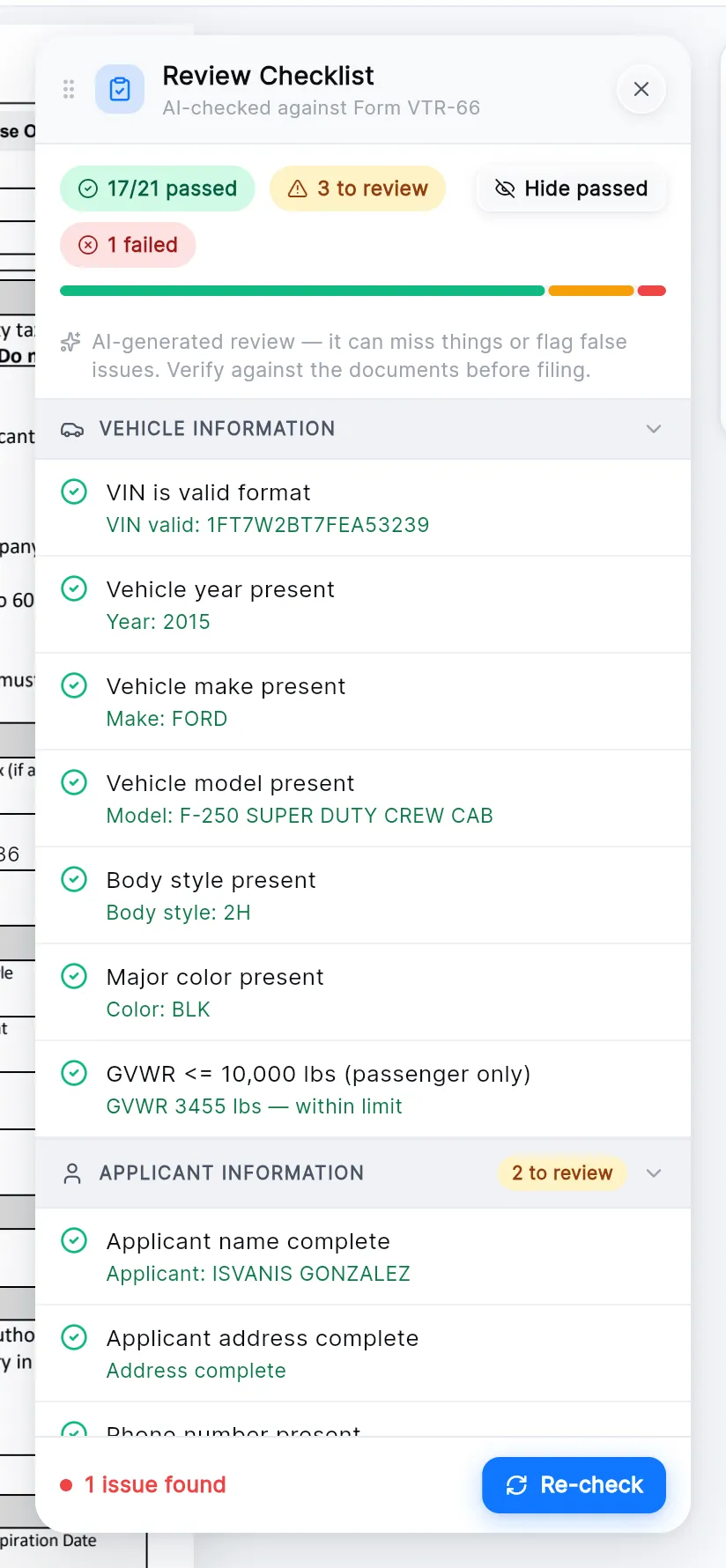 The Review Checklist on a permit: 17 of 21 passed, 3 to review, 1 failed, and the vehicle information checks.