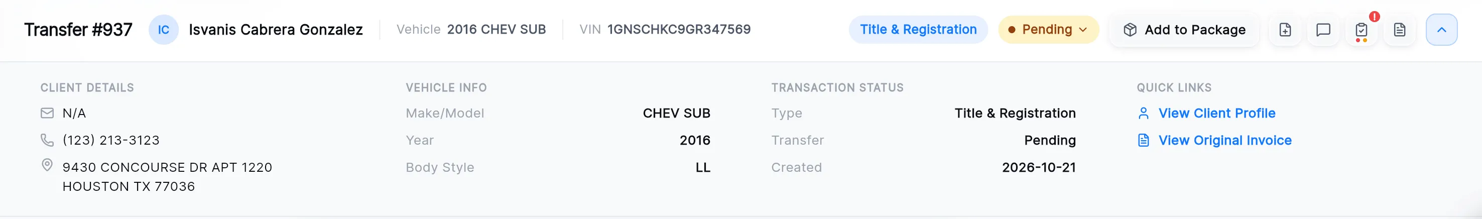 The details strip: client details, vehicle info, transaction status and quick links.