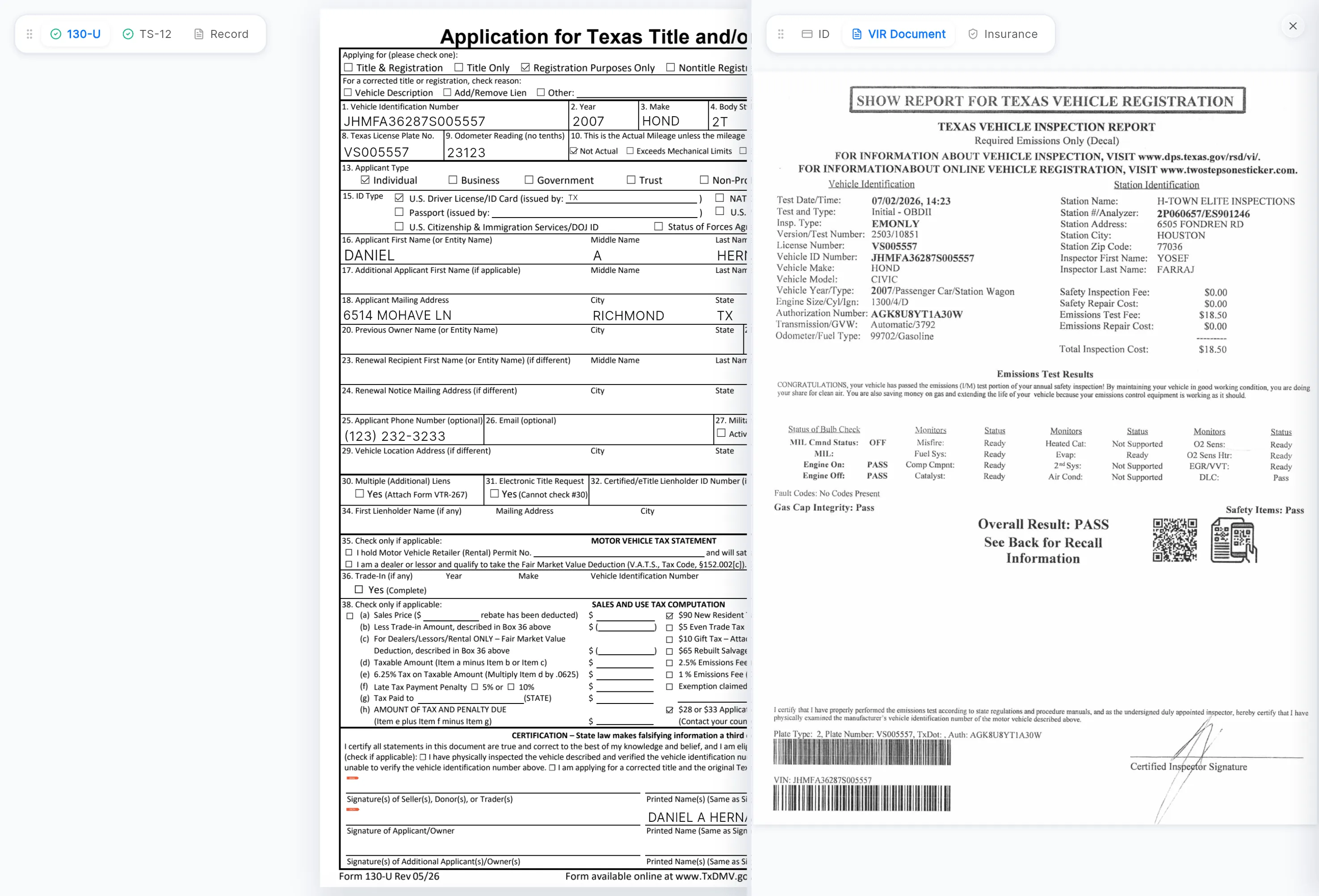 The uploaded documents panel open on the right on its VIR Document tab, showing the vehicle inspection report, next to the 130-U on the left.