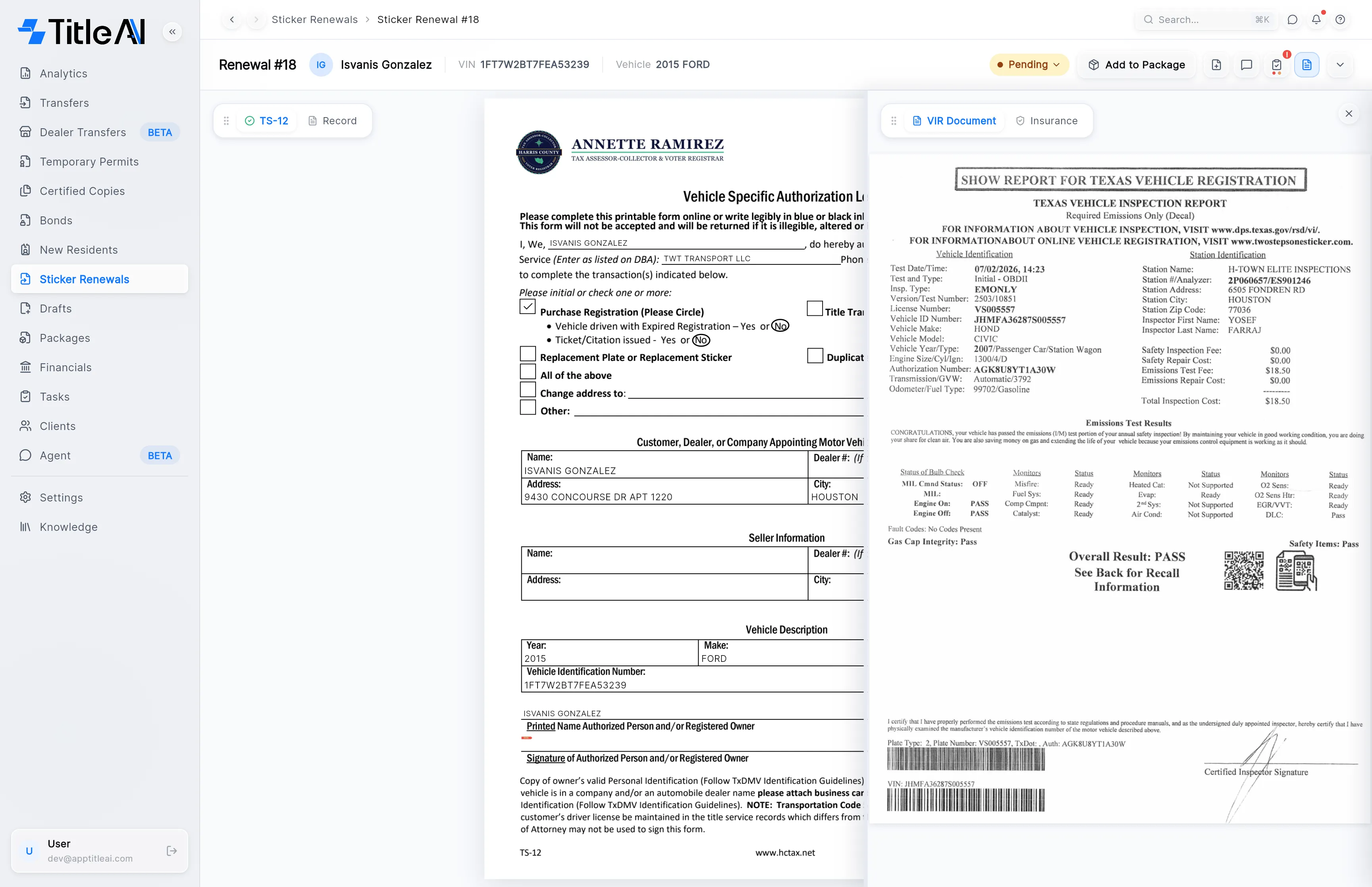 The uploaded documents panel open on the right, showing the vehicle inspection report, over the TS-12 on the left.