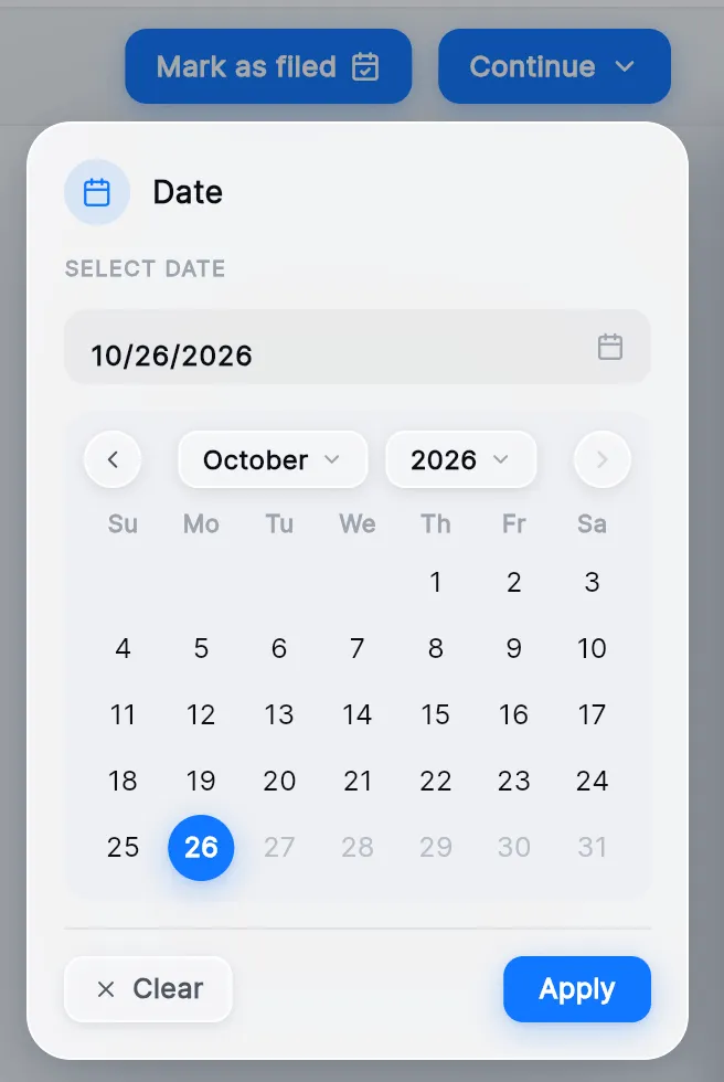 The filing date picker: a date field, the October 2026 calendar, Clear and Apply.