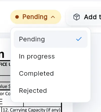 The status menu open under the Pending pill: Pending, In progress, Completed and Rejected.