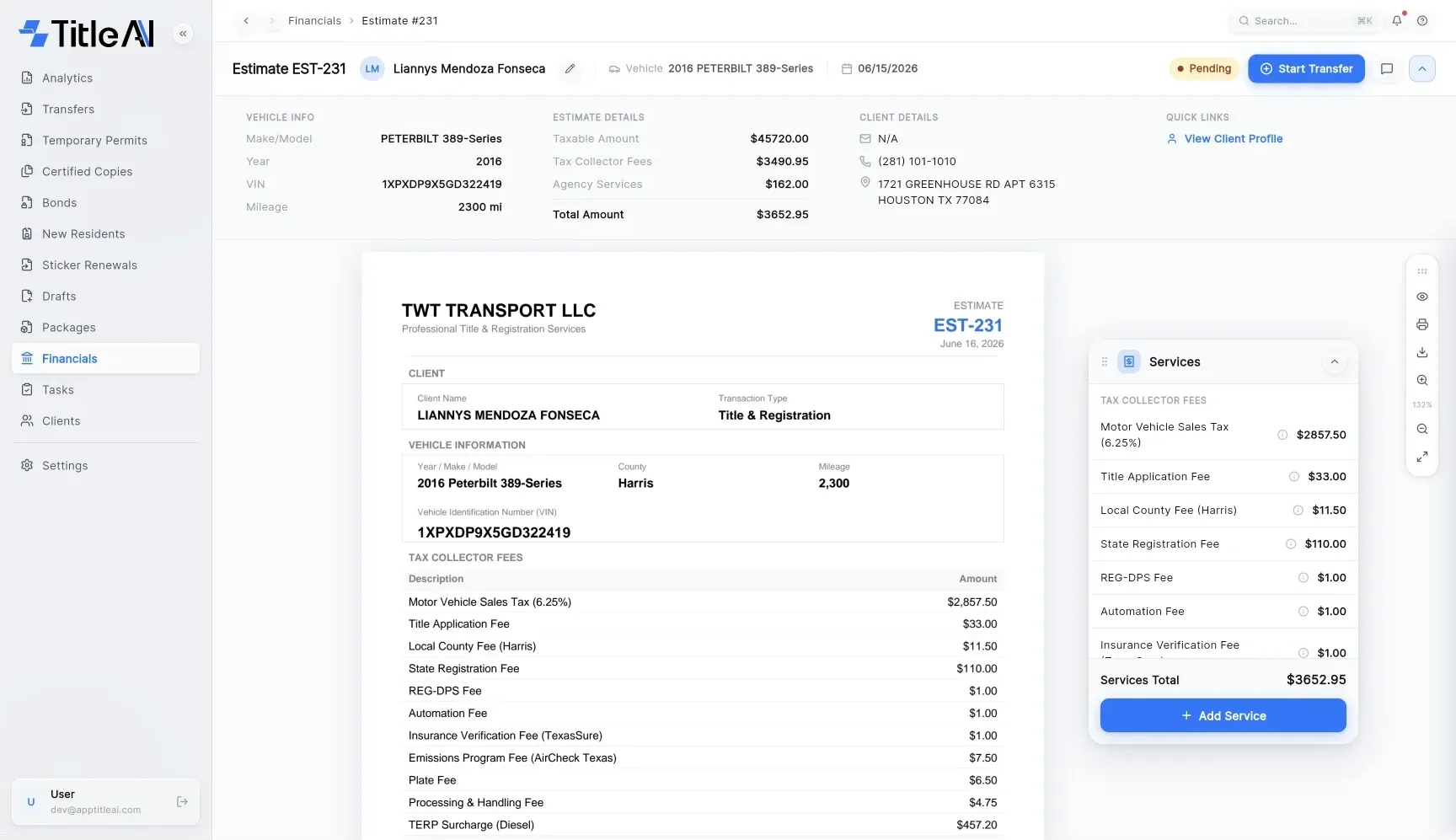 Estimate screen with every fee itemized