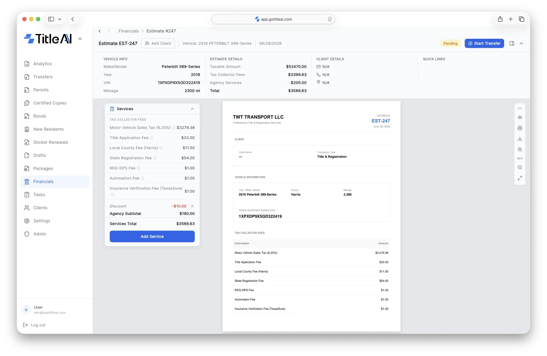 Estimate screen with every fee itemised