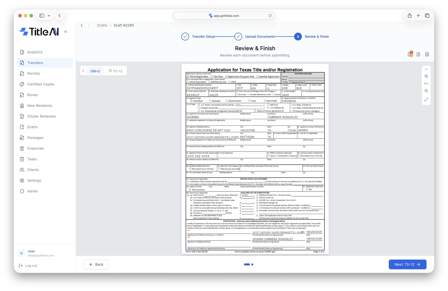 Form 130-U with fields pre-filled from the uploaded title