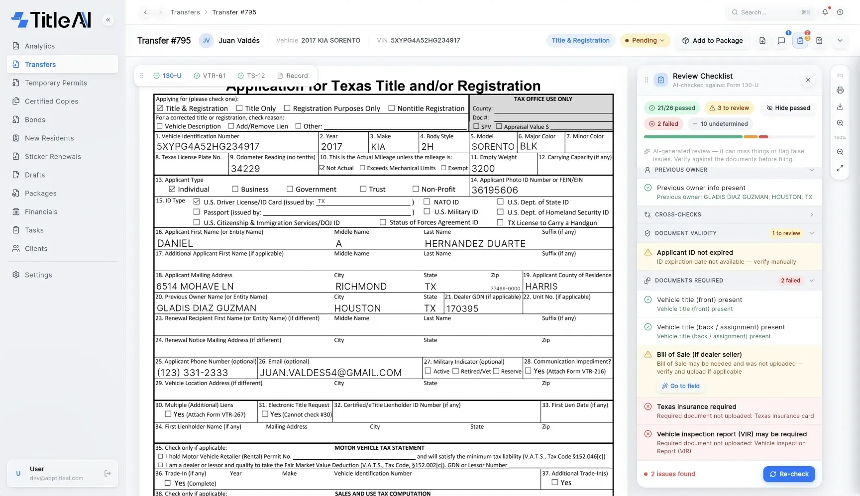 Review checklist flagging missing paperwork and mismatched data