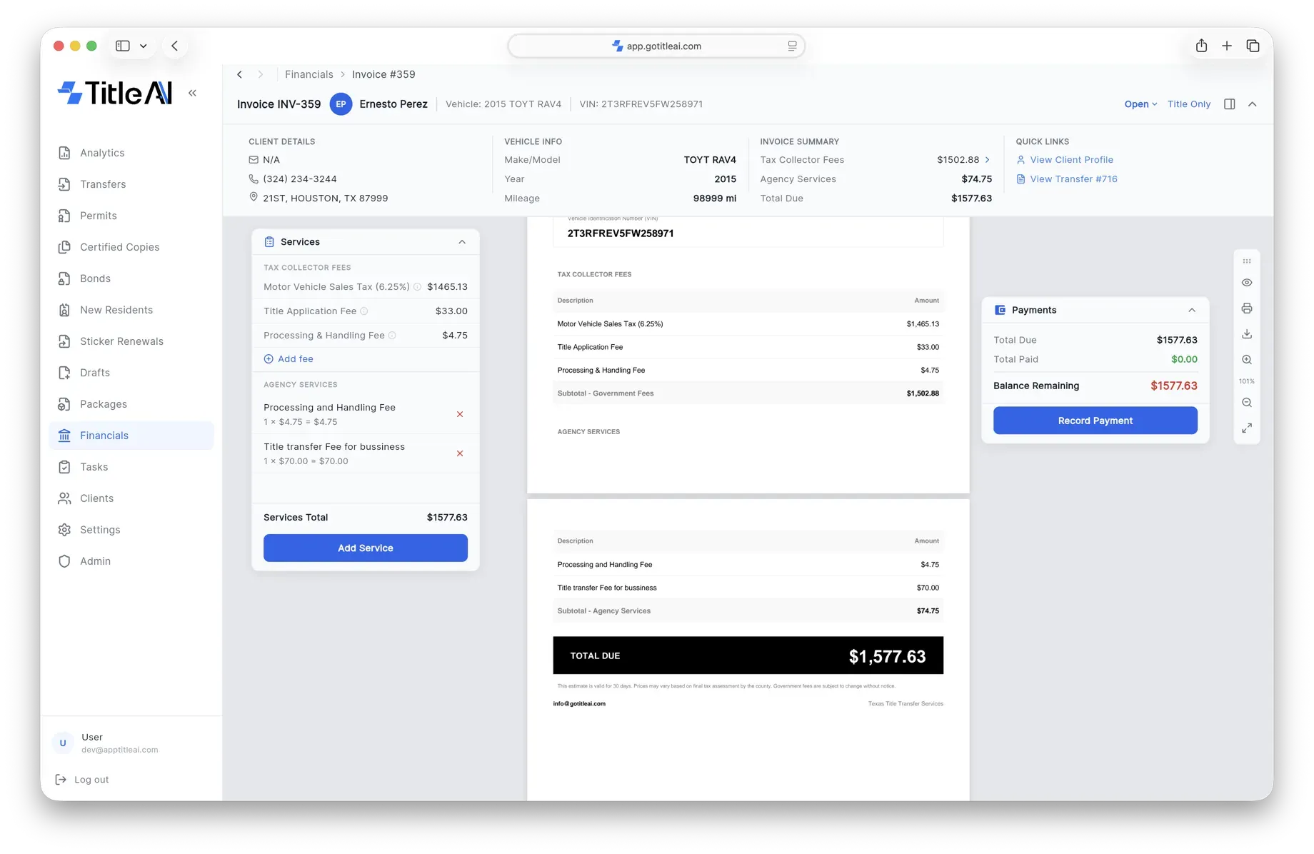 Invoice detail with payment tracking