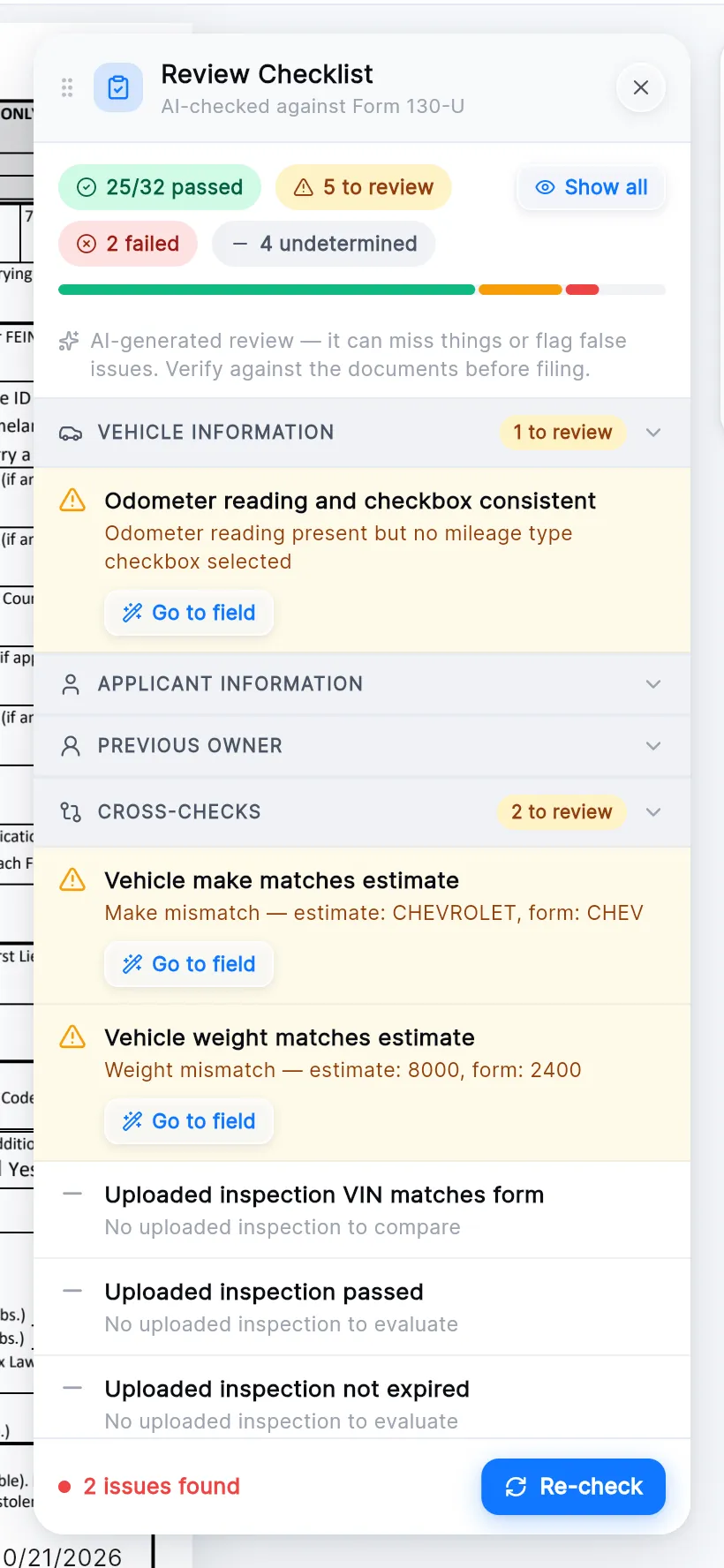 The panel with passed checks hidden: Show all at the top right, the Vehicle Information and Cross-Checks groups showing their checks to review with Go to field under each, and three undetermined inspection checks.