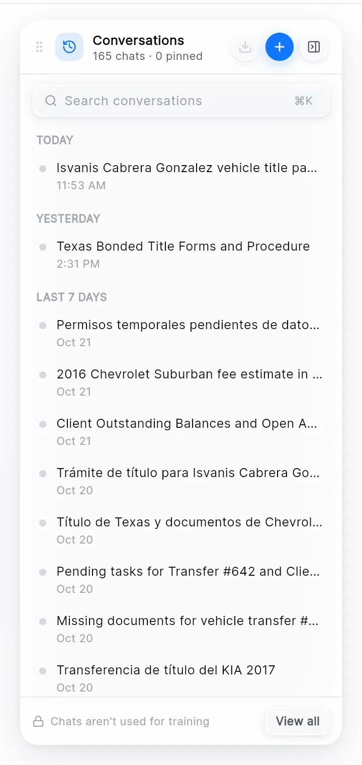 The Conversations panel: 165 chats · 0 pinned, the download, plus and hide buttons, Search conversations, and the conversations grouped by Today, Yesterday and Last 7 days.