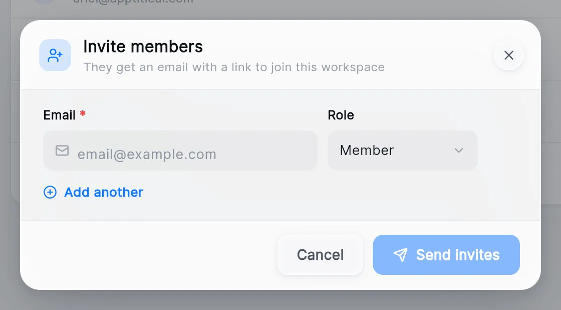 The Invite members window: Email, Role set to Member, Add another, and Cancel and Send invites.