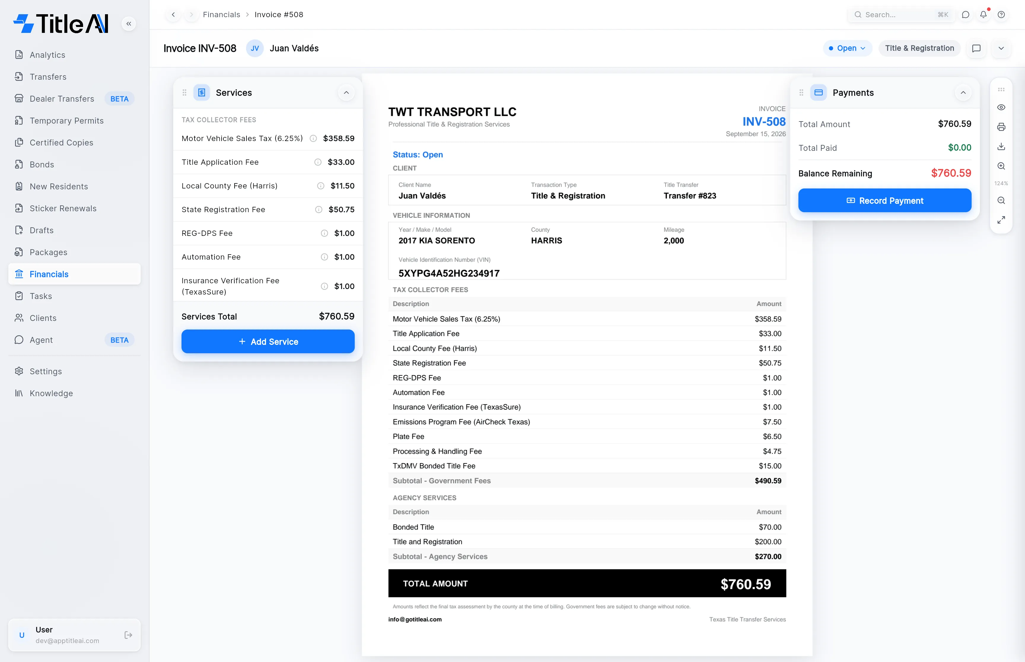 An invoice open: the header with INV-508, the client, the Open pill and the transfer type; the Services card on the left; the invoice PDF in the middle; and the Payments card on the right.