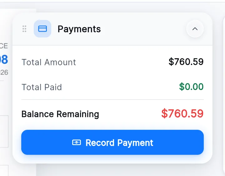 The Payments card: Total Amount $760.59, Total Paid $0.00, Balance Remaining $760.59 and the Record Payment button.