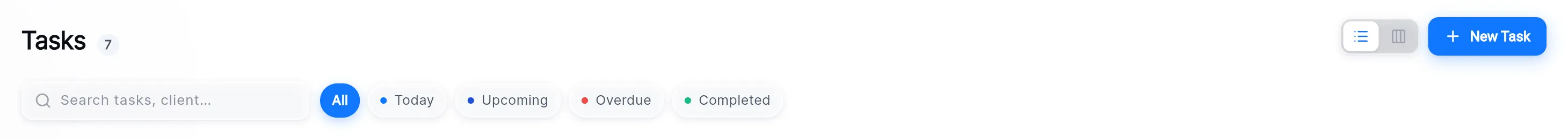 The top of the Tasks list: the task count, the search box, the All, Today, Upcoming, Overdue and Completed chips, the list/board switch and New Task.