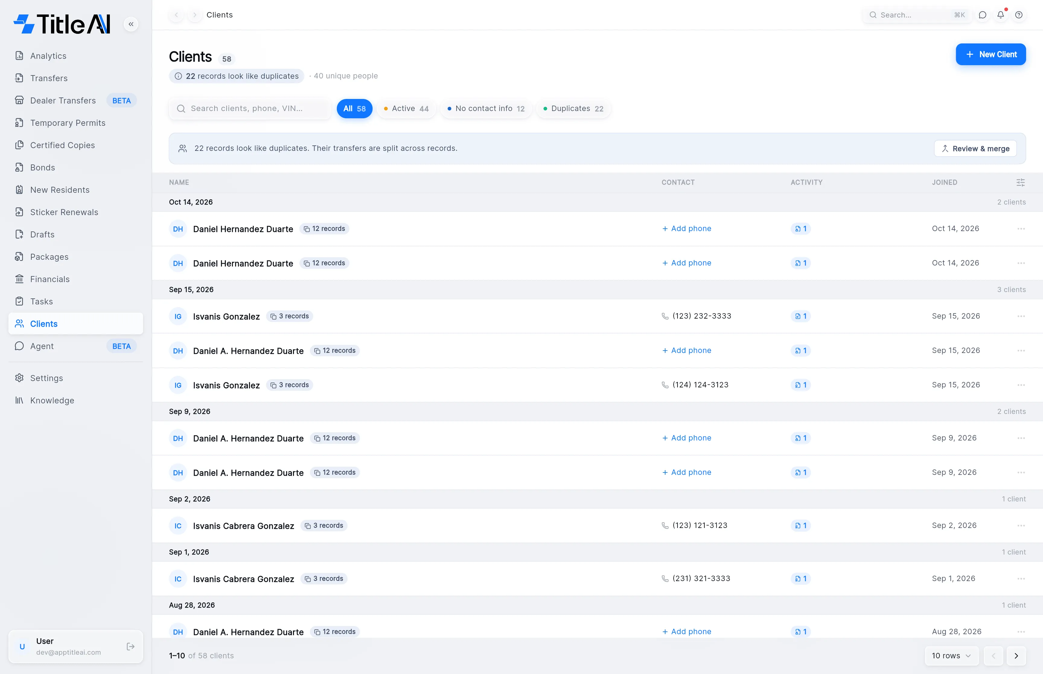 The Clients list: clients grouped by the date they were added, with the Name, Contact, Activity and Joined columns, the duplicates banner, and the New Client button at the top right.
