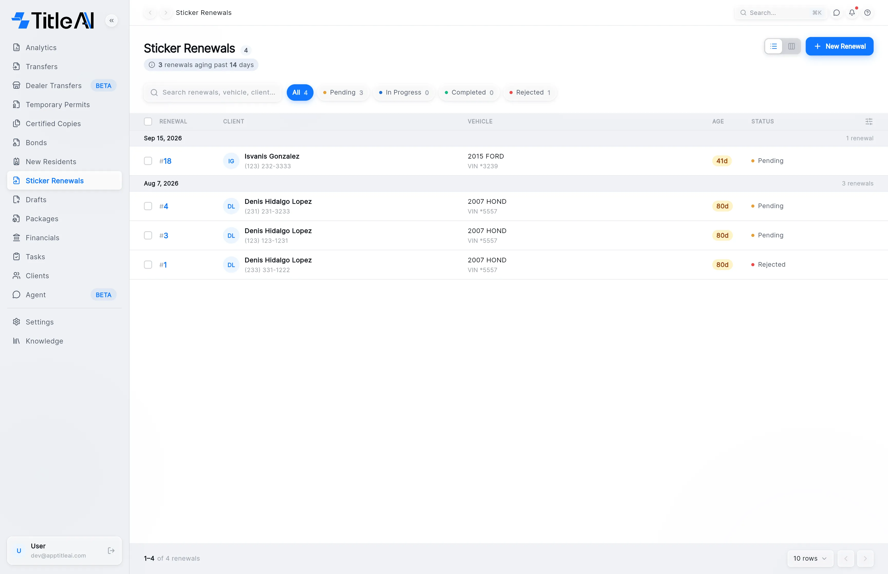 The Sticker Renewals list: renewals grouped by date with the Renewal, Client, Vehicle, Age and Status columns, and the New Renewal button at the top right.