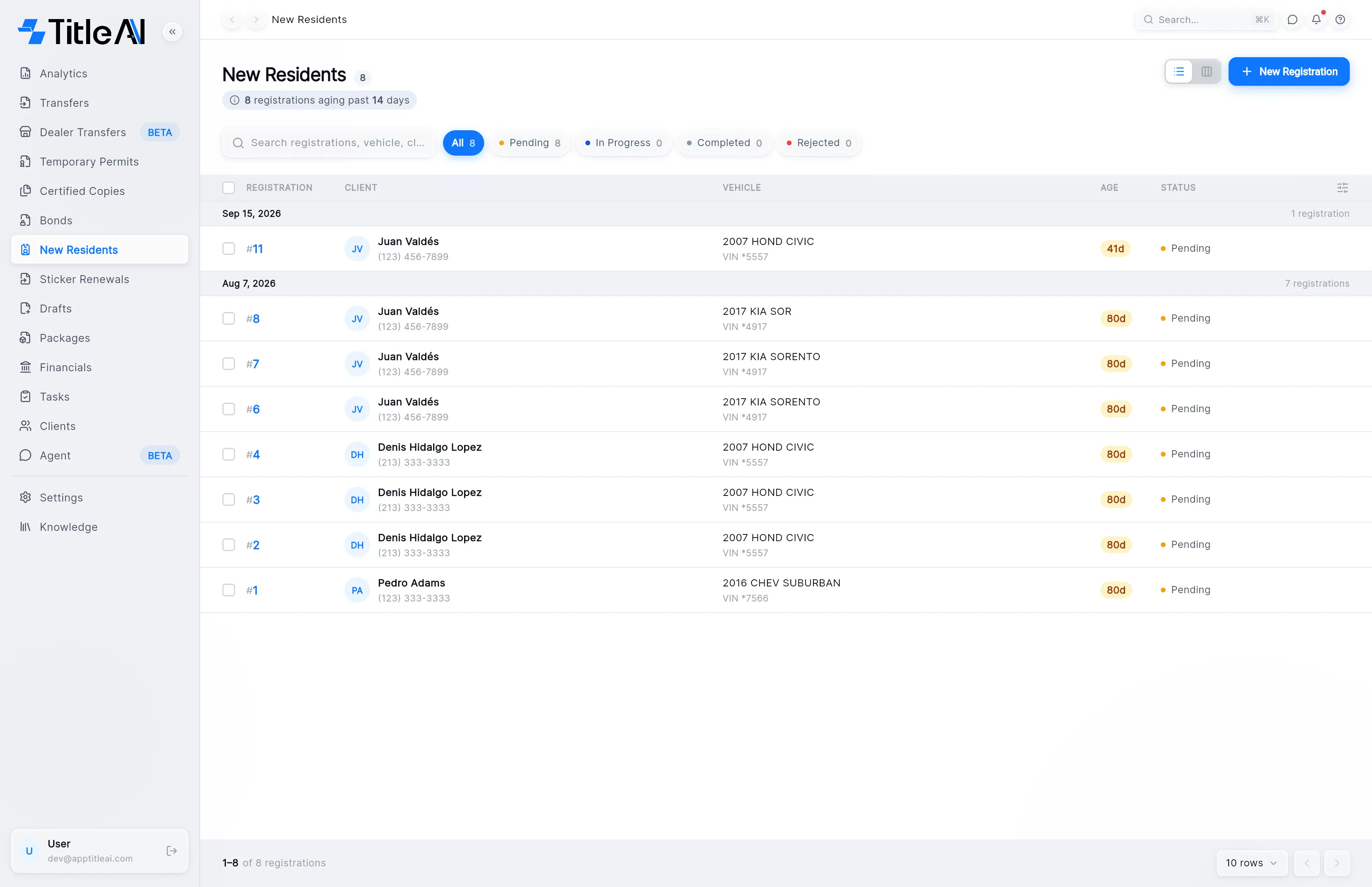 The New Residents list: registrations grouped by date with the Registration, Client, Vehicle, Age and Status columns, and the New Registration button at the top right.