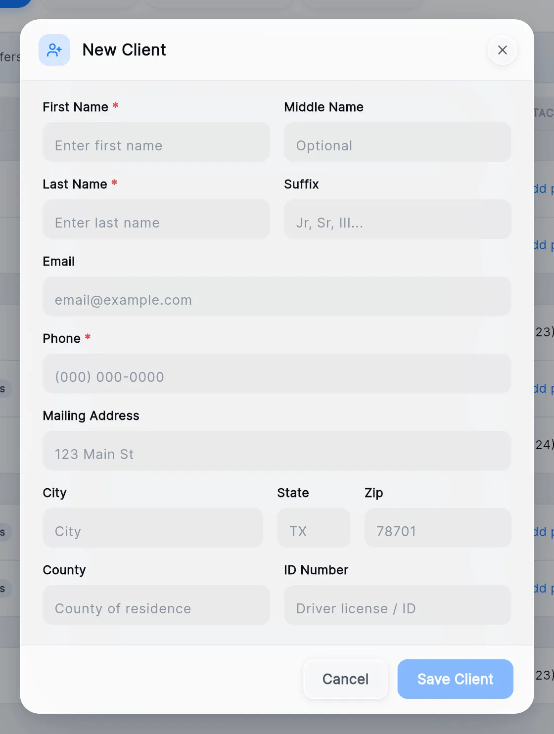 The New Client window: First Name, Middle Name, Last Name, Suffix, Email, Phone, Mailing Address, City, State, Zip, County and ID Number, and Cancel and Save Client.
