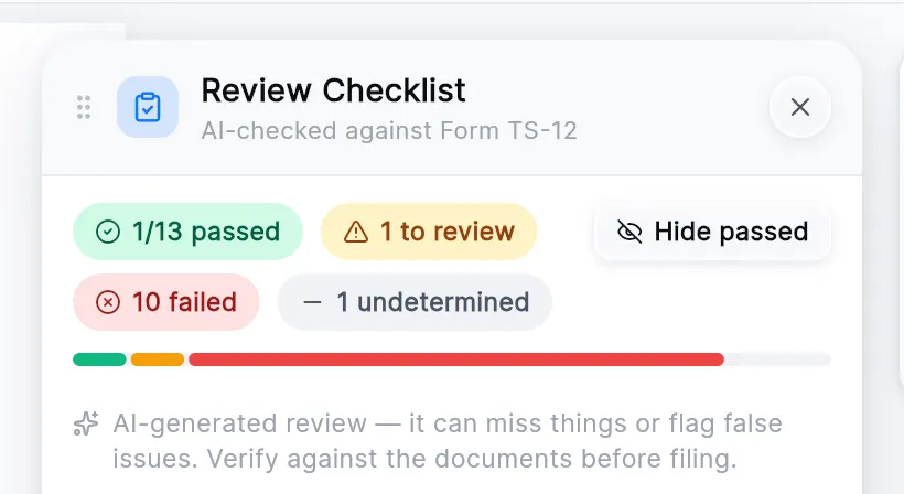The top of the Review Checklist: AI-checked against Form TS-12, the passed, to review, failed and undetermined counts, Hide passed, and the progress bar.