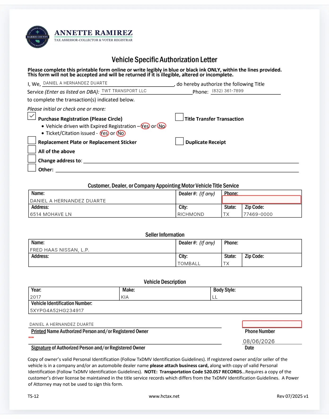The TS-12 tab: the authorization letter with the applicant's name, your title service, Purchase Registration ticked, and the vehicle description filled.