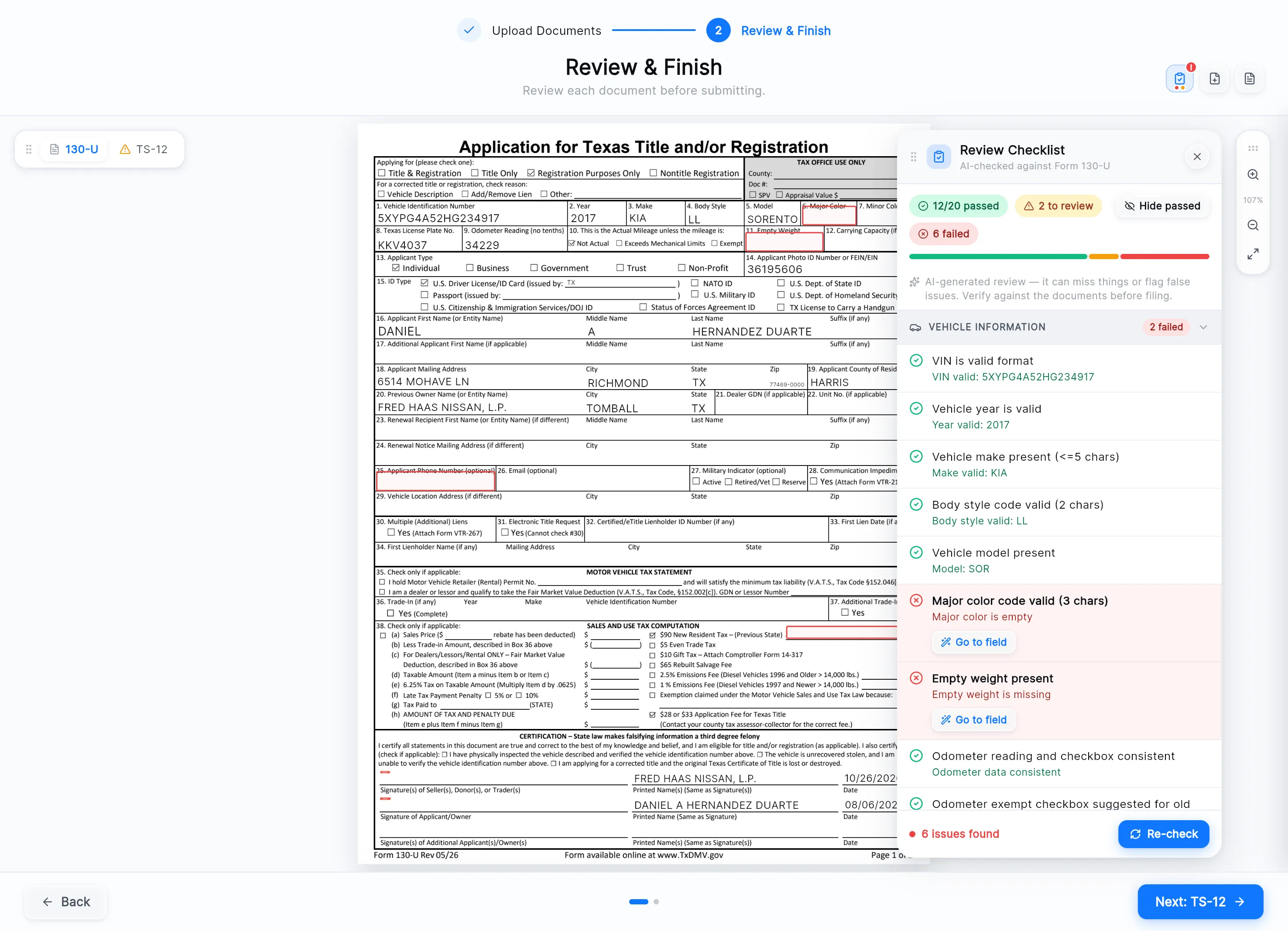 Review & Finish: the 130-U and TS-12 tabs at the top left, the filled 130-U in the middle, and the Review Checklist on the right with passed, to review and failed counts.