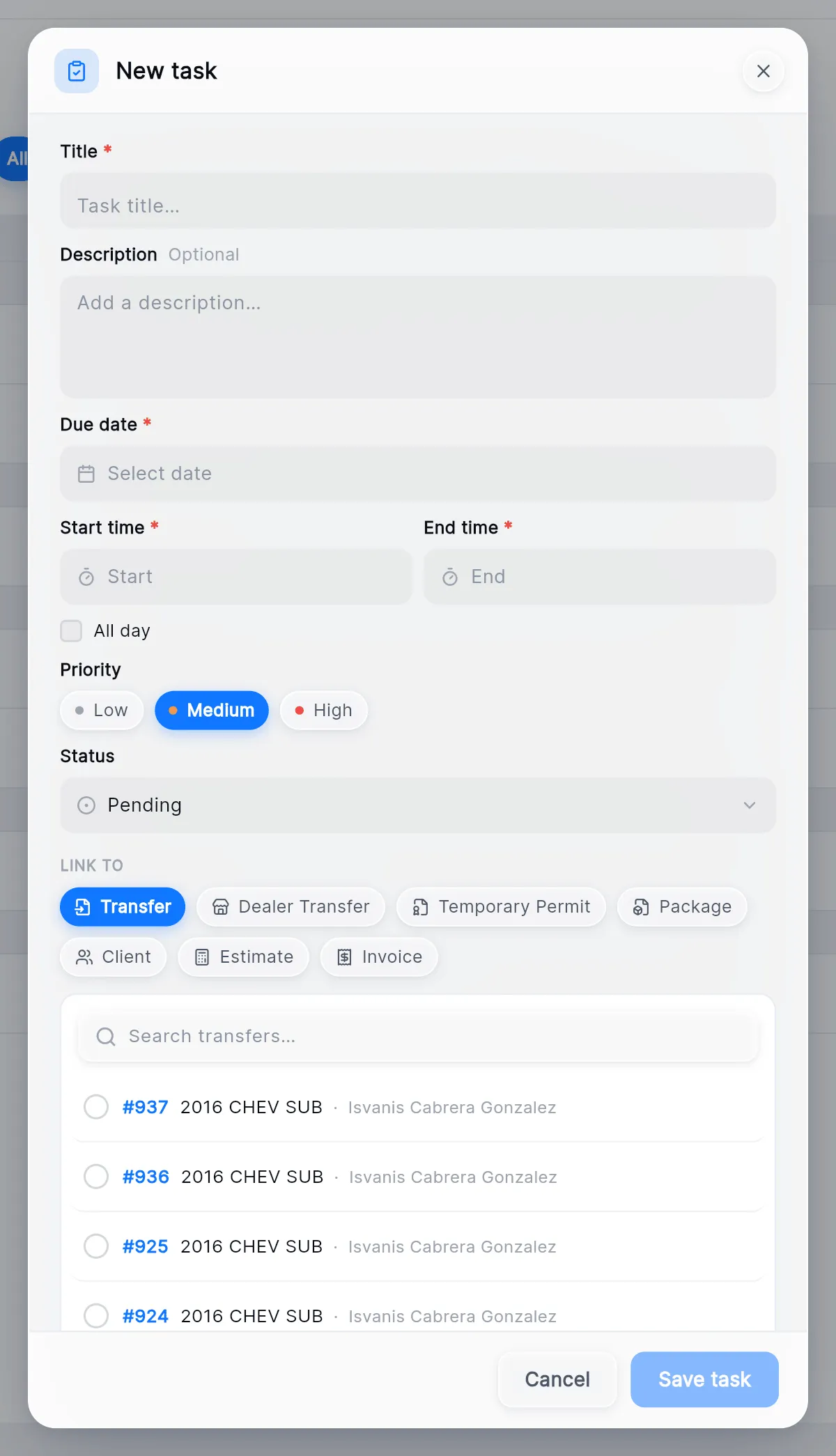 LINK TO with Transfer chosen: the Search transfers box and a list of transfers with their number, vehicle and client.
