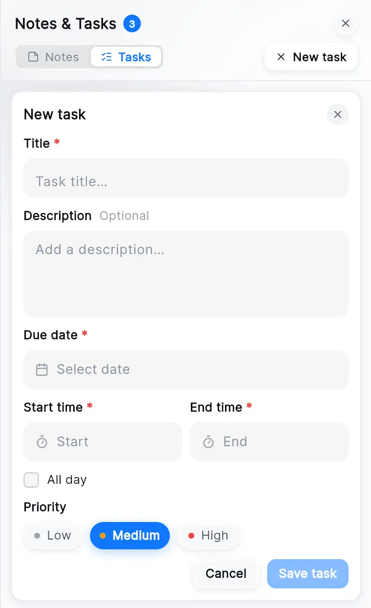 The New task form in the panel: Title, Description, Due date, Start time and End time, All day, Priority Low, Medium and High, and Cancel and Save task.