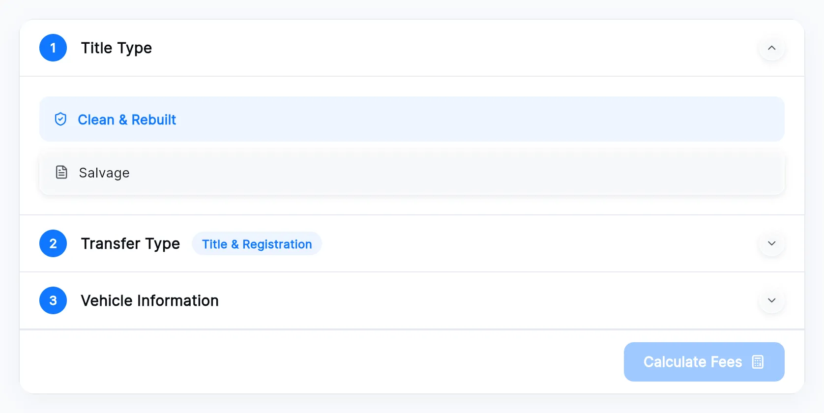 The New Estimate screen with Title Type open: Clean & Rebuilt and Salvage, and Transfer Type and Vehicle Information below.