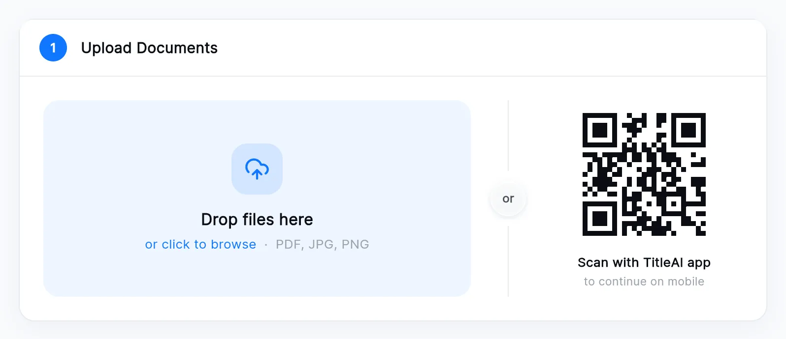 The bond's Upload Documents step: the Drop files here box and the Scan with TitleAI app QR code.