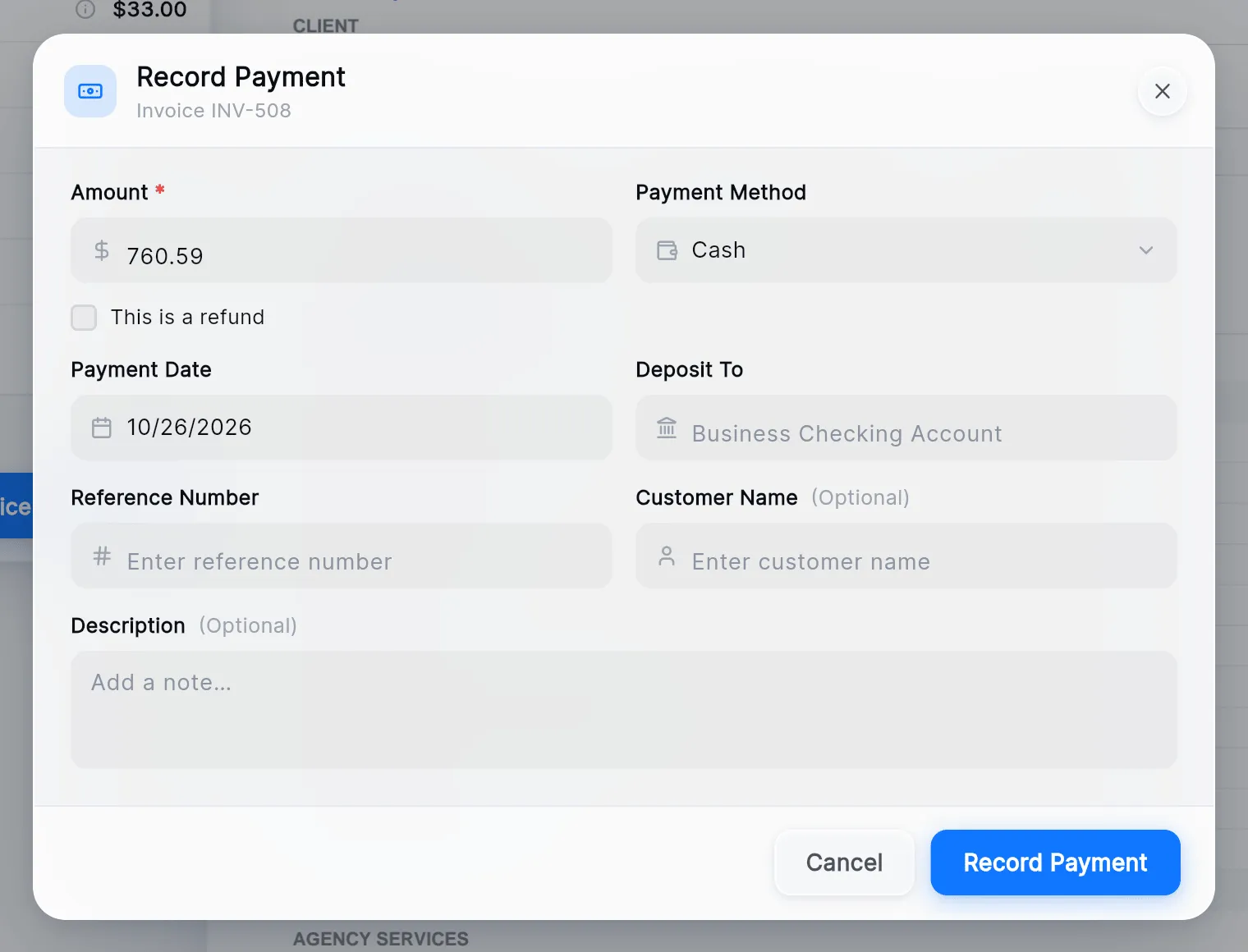 The Record Payment window: Amount, Payment Method, This is a refund, Payment Date, Deposit To, Reference Number, Customer Name, Description, and Cancel and Record Payment.