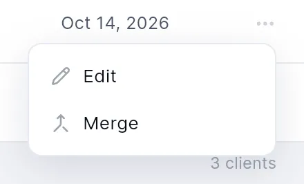 The row menu open beside a client: Edit and Merge.