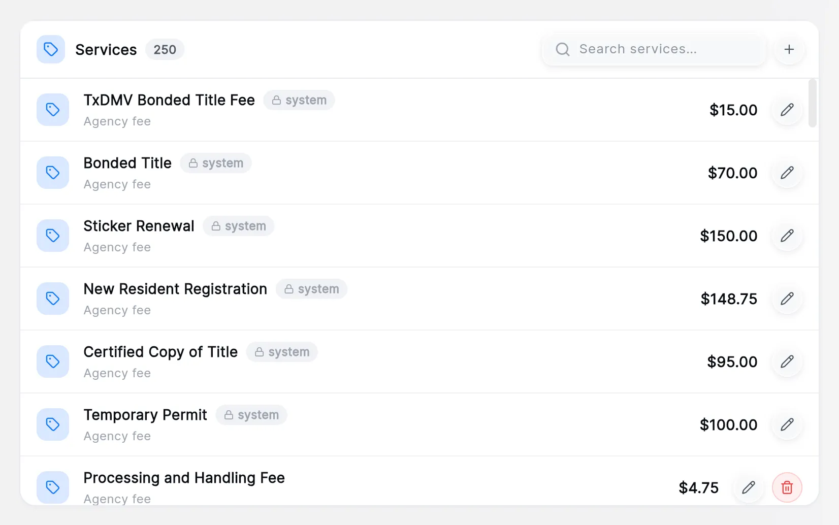 The Services card: the count, the search box, the + button, and services such as Bonded Title and Temporary Permit with a system tag, their price and a pencil.