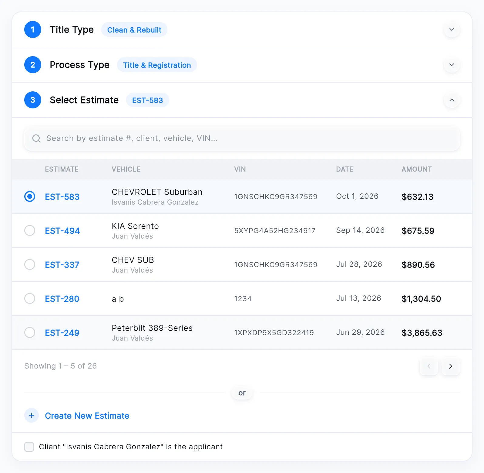 The Select Estimate section with EST-583 selected, the estimate table, Create New Estimate, and the checkbox 'Client "Isvanis Cabrera Gonzalez" is the applicant'.