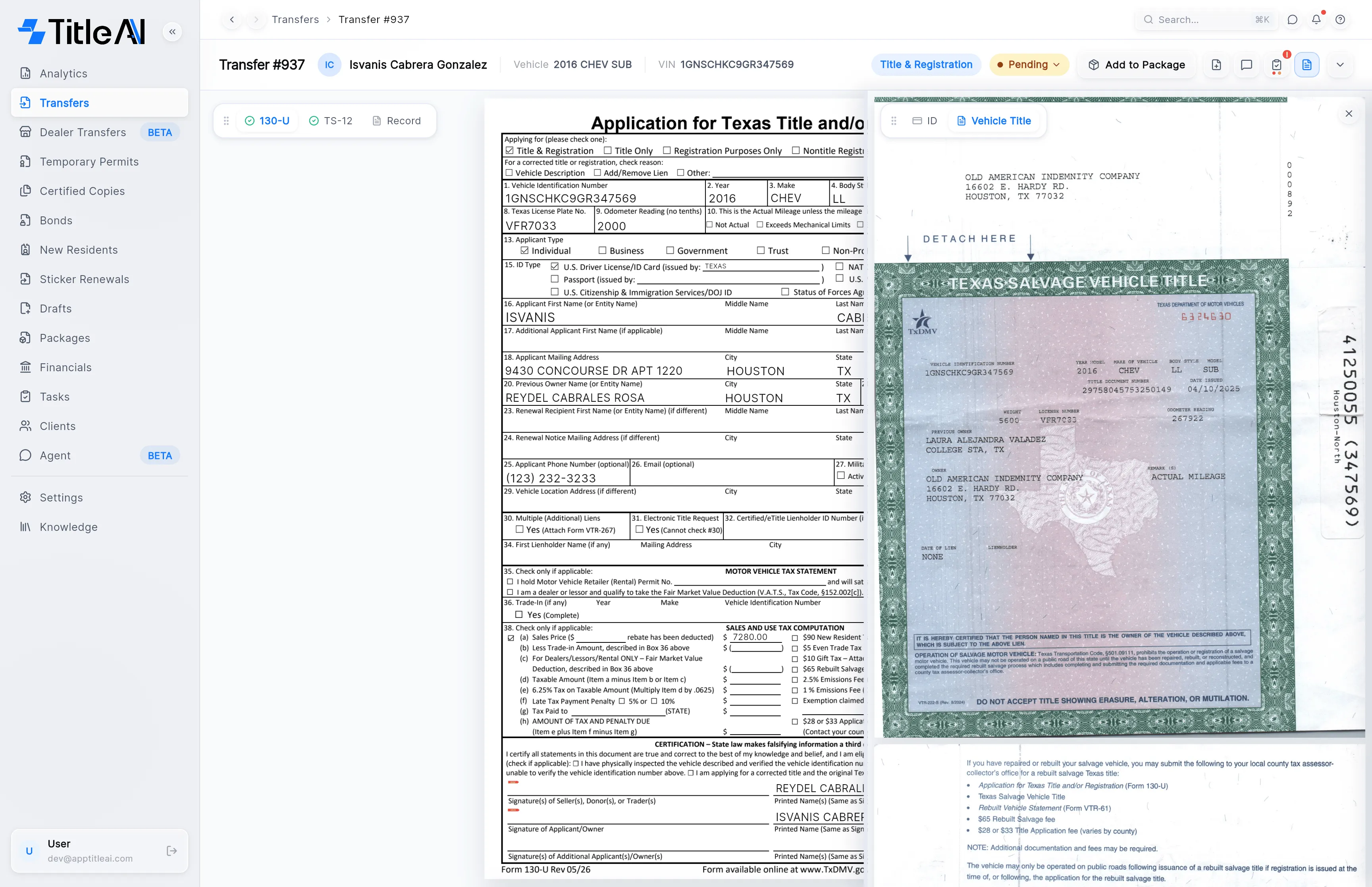 A transfer with the uploaded documents panel open on the right, on its Vehicle Title tab, showing the salvage title next to the 130-U.