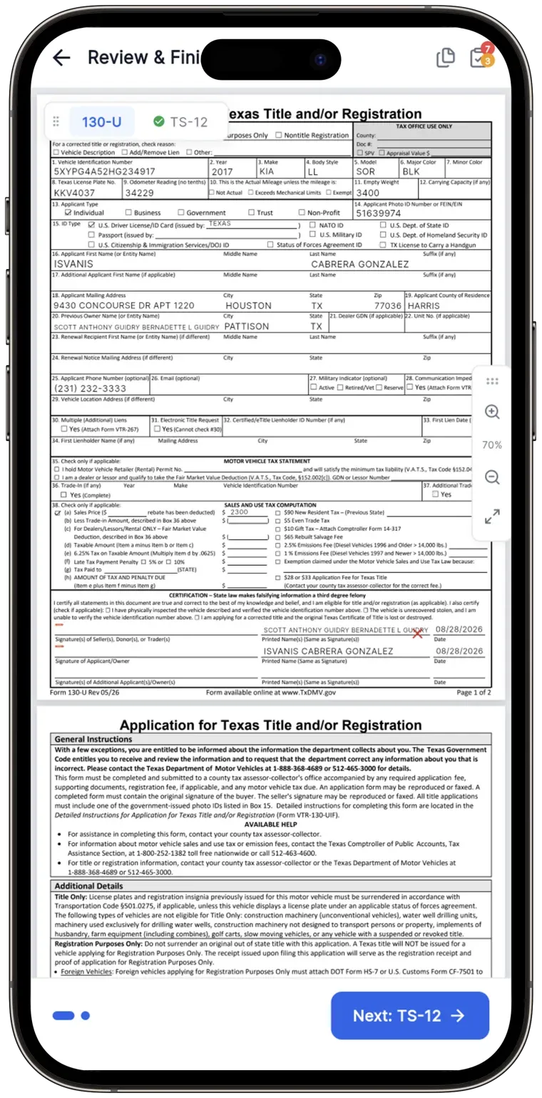 [Mobile screenshot: TitleAI app on phone showing transfer detail]