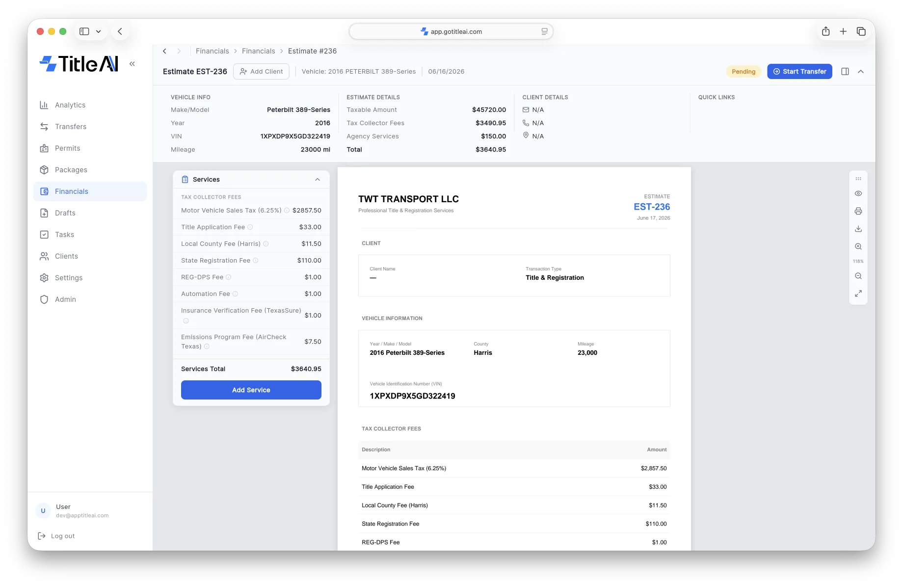 [Product screenshot: Estimate detail with fee breakdown]