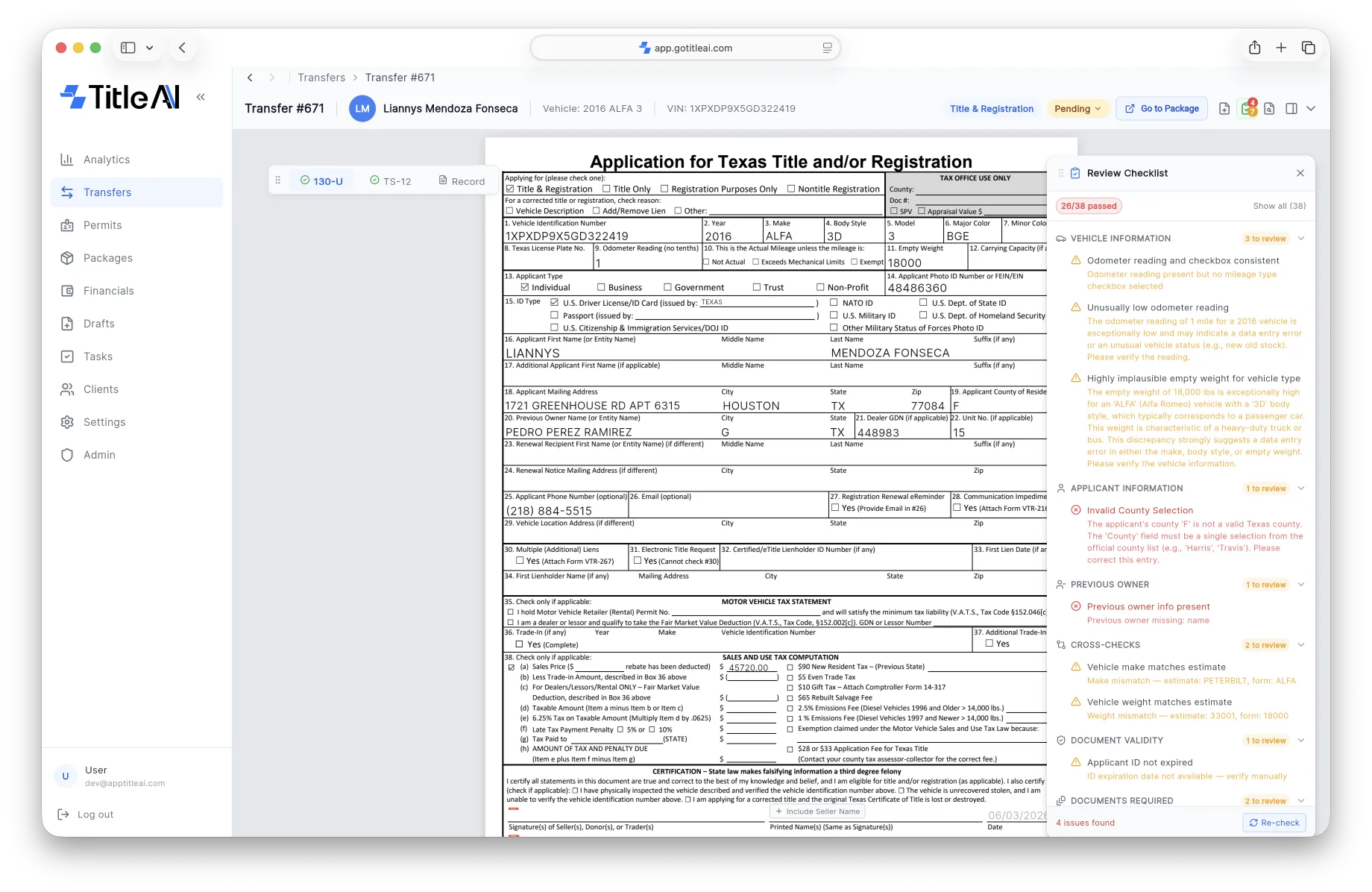 [Product screenshot: AI Checklist panel with pass/warn/fail items]