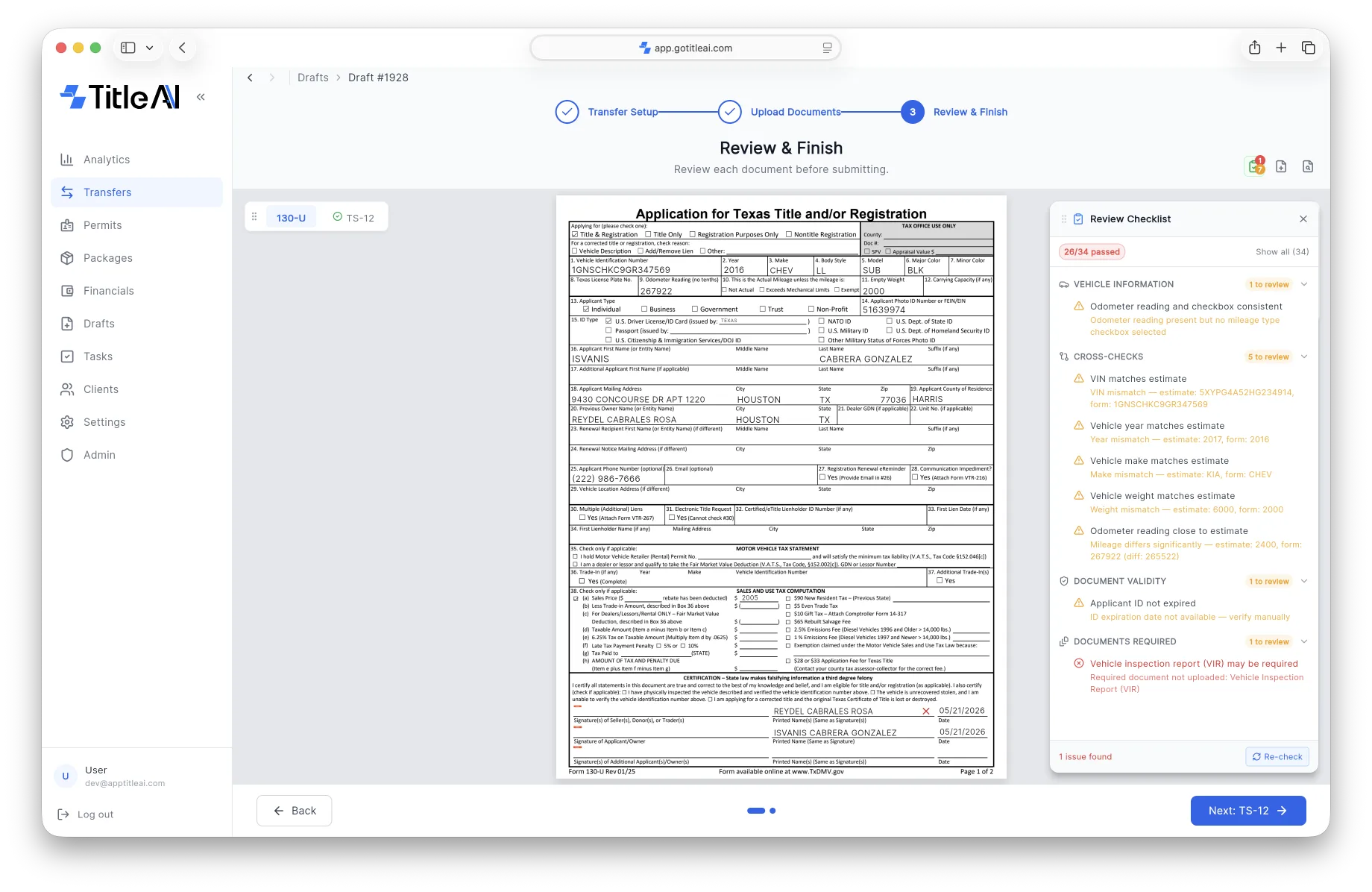 [Desktop screenshot: TitleAI app on desktop showing transfer detail]