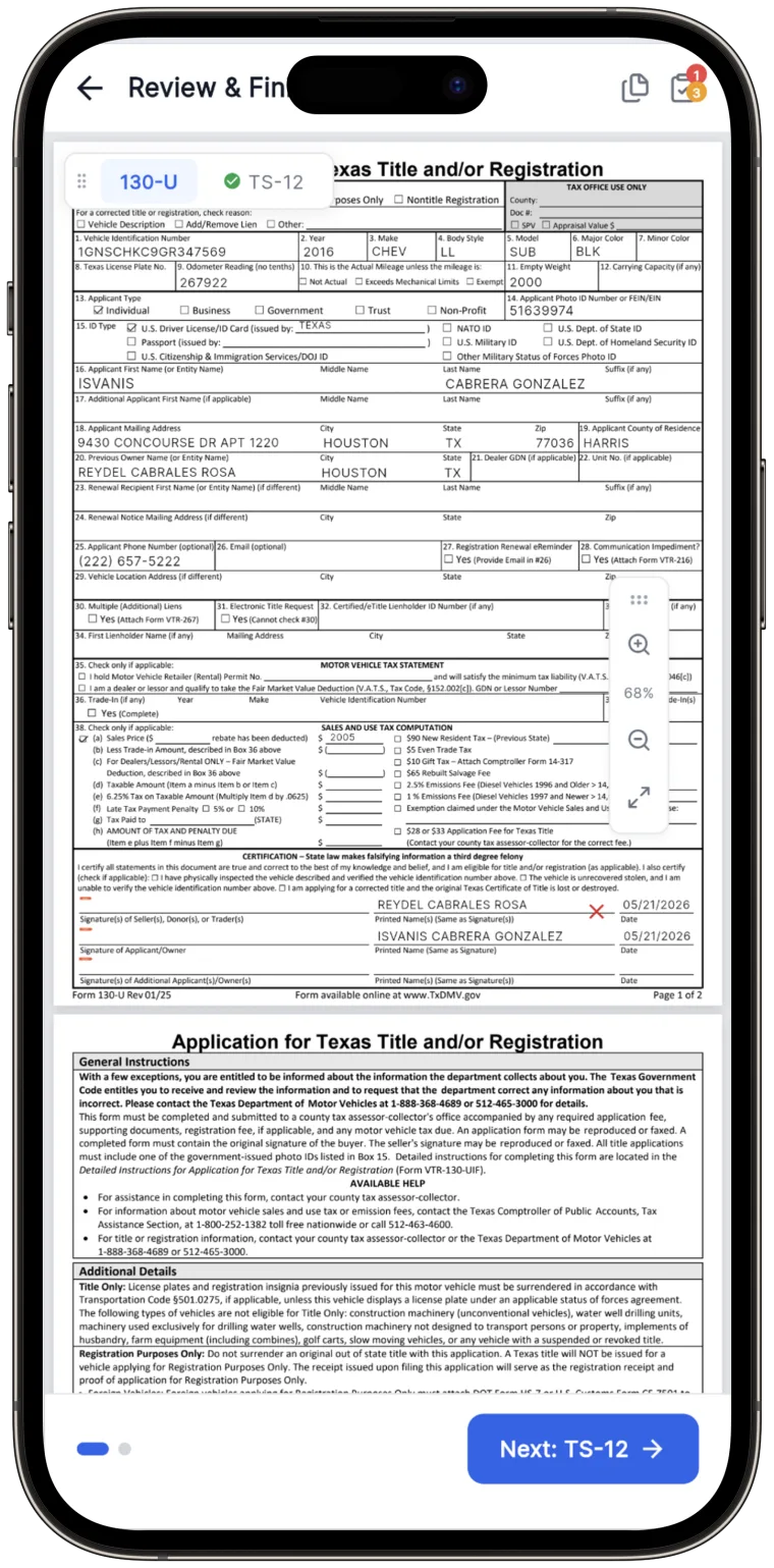 [Mobile screenshot: TitleAI app on phone showing transfer detail]